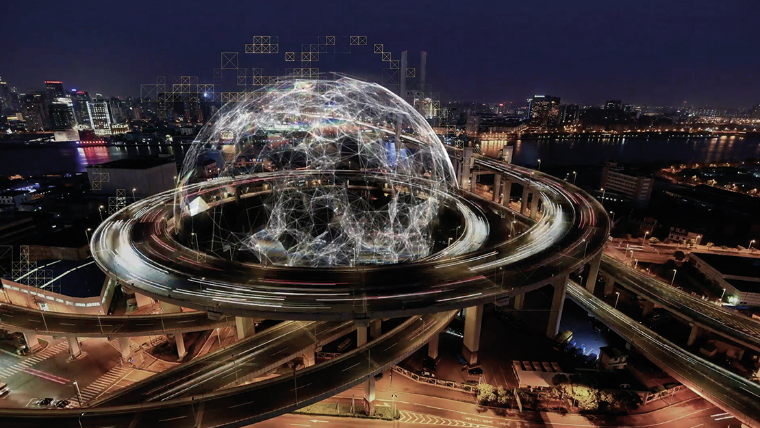 Time lapse of motorway at night with global net graphic overlaid.
